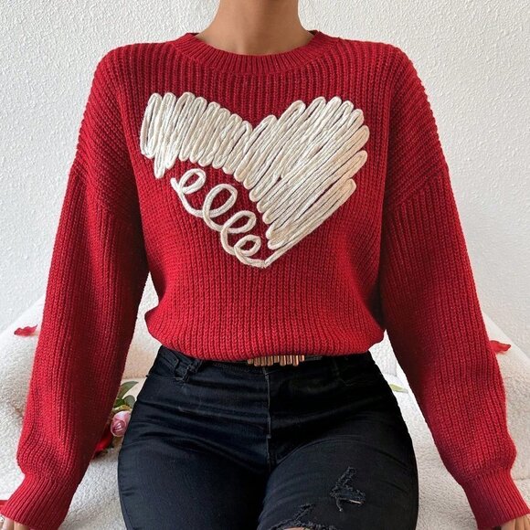 Red Casual Womens Love Heart Patchwork Drop Shoulder Sweater - Picture 1 of 5